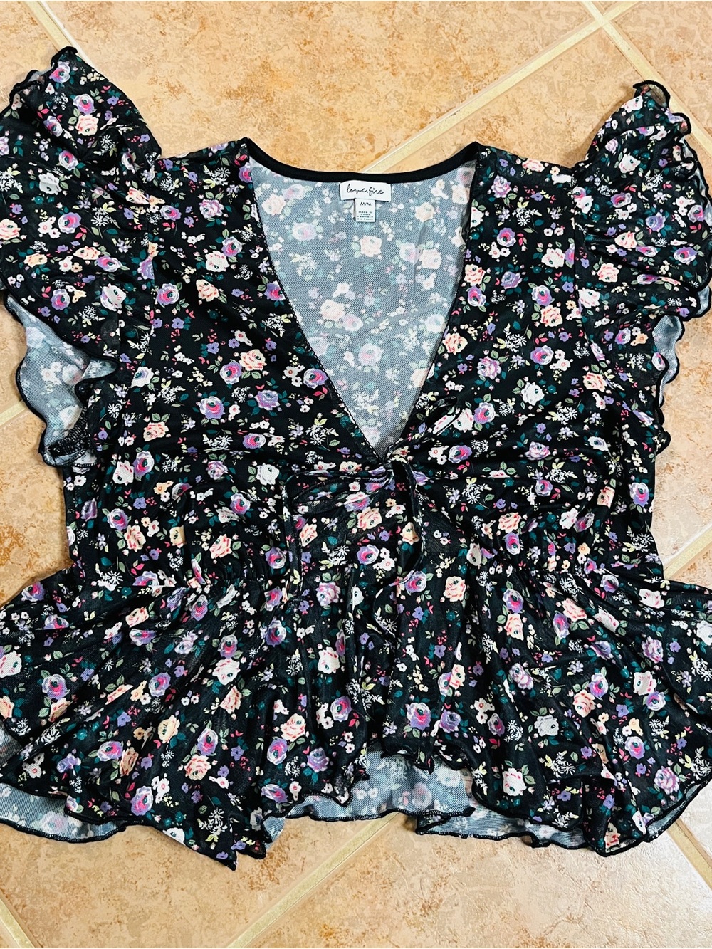 love, Fire Black Floral Ruffle Blouse Size M
